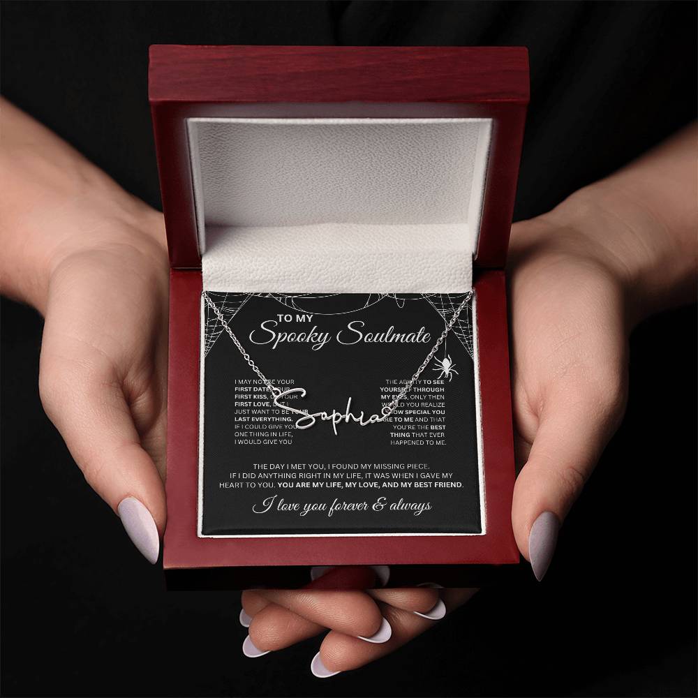To My Spooky Soulmate | Signature Name Necklace | Halloween Soulmate Gift (black background)
