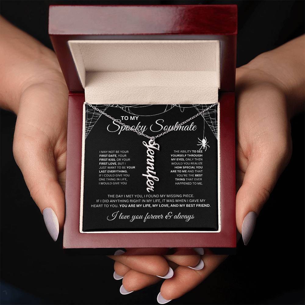 To My Spooky Soulmate | Vertical Name Necklace | Halloween Soulmate Gife (black background)