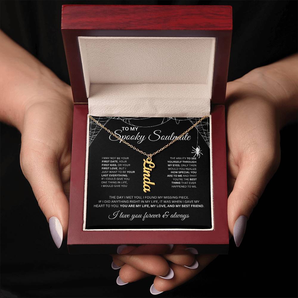To My Spooky Soulmate | Vertical Name Necklace | Halloween Soulmate Gife (black background)